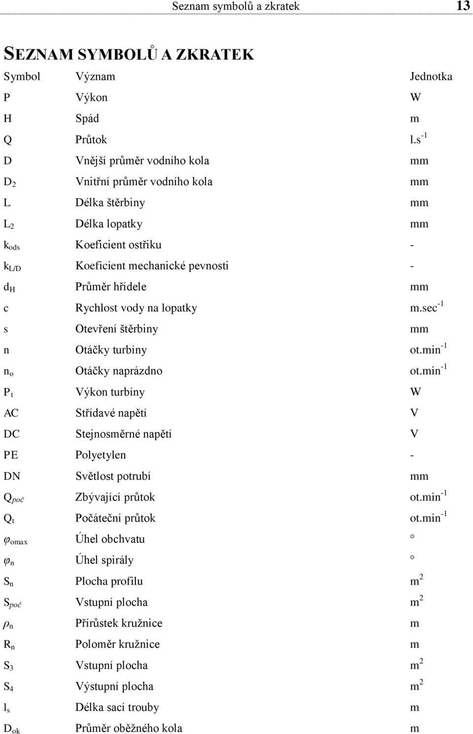 mm c Rychlost vody na lopatky m.sec -1 s Otevření štěrbiny mm n Otáčky turbíny ot.min -1 n o Otáčky naprázdno ot.