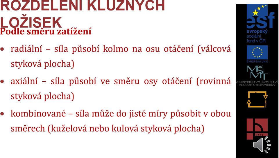 směru osy otáčení (rovinná styková plocha) kombinované síla může do