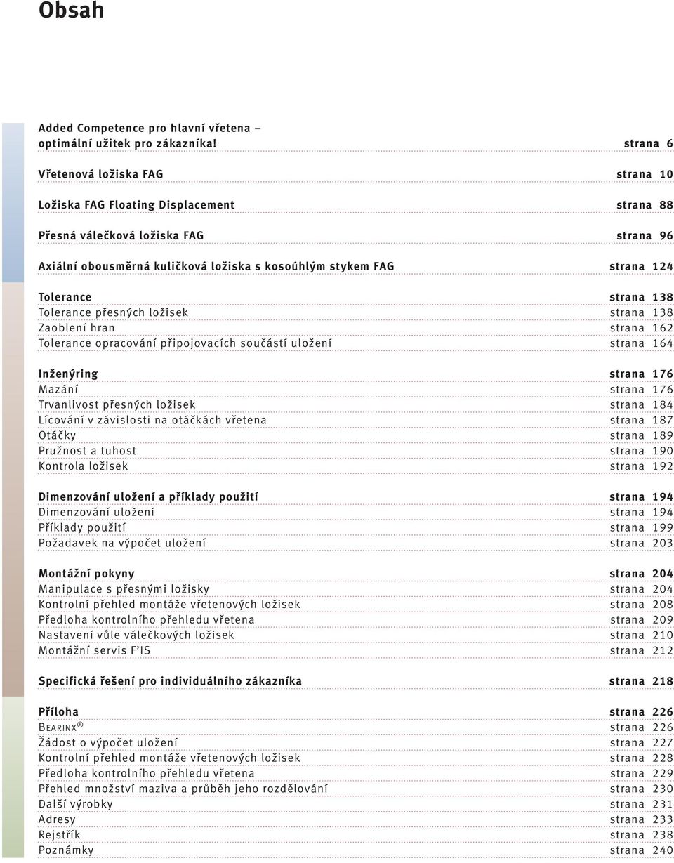 Tolerance strana 138 Tolerance přesných ložisek strana 138 Zaoblení hran strana 162 Tolerance opracování připojovacích součástí uložení strana 164 Inženýring strana 176 Mazání strana 176 Trvanlivost
