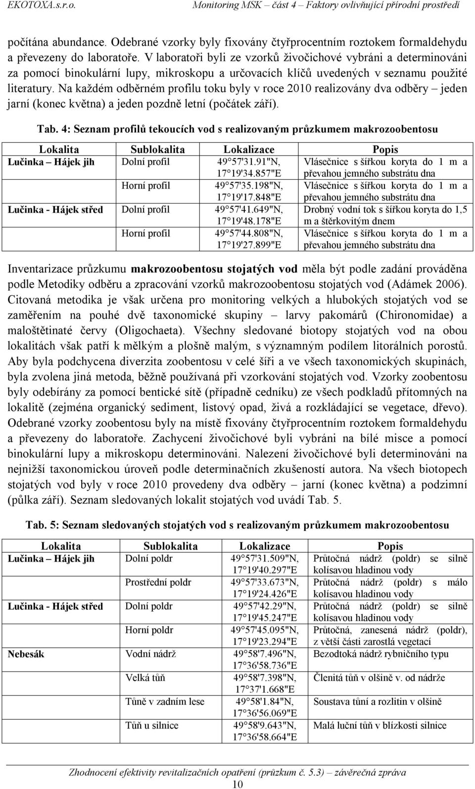 Na každém odběrném profilu toku byly v roce 2010 realizovány dva odběry jeden jarní (konec května) a jeden pozdně letní (počátek září). Tab.