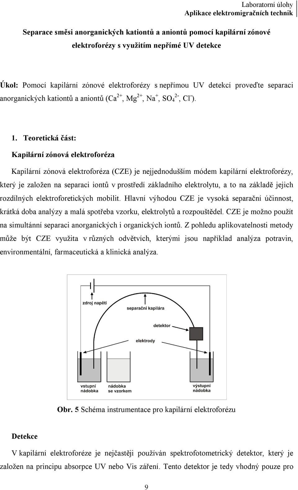 Teoretická část: Kapilární zónová elektroforéza Kapilární zónová elektroforéza (CZE) je nejjednodušším módem kapilární elektroforézy, který je založen na separaci iontů v prostředí základního