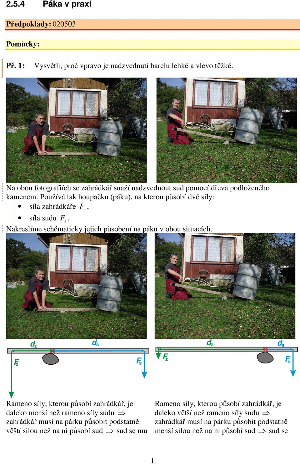 Použíá tak houpačku (páku), na kteou působí dě síly: síla zahádkáře F z, síla sudu F s. Nakeslíme schématicky jejich působení na páku obou situacích.