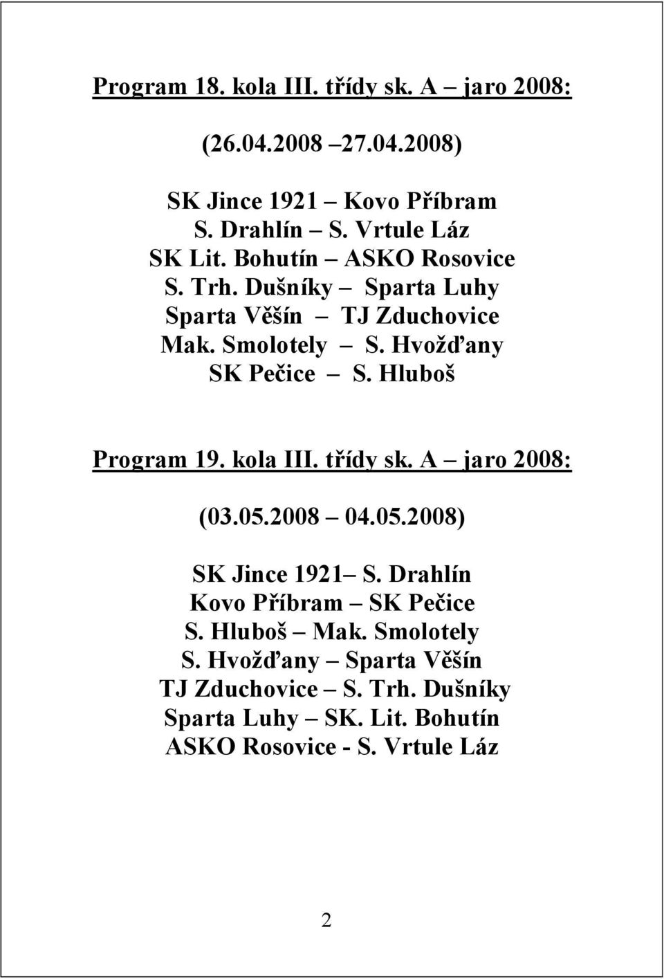 Hluboš Program 19. kola III. třídy sk. A jaro 2008: (03.05.2008 04.05.2008) SK Jince 1921 S. Drahlín Kovo Příbram SK Pečice S.