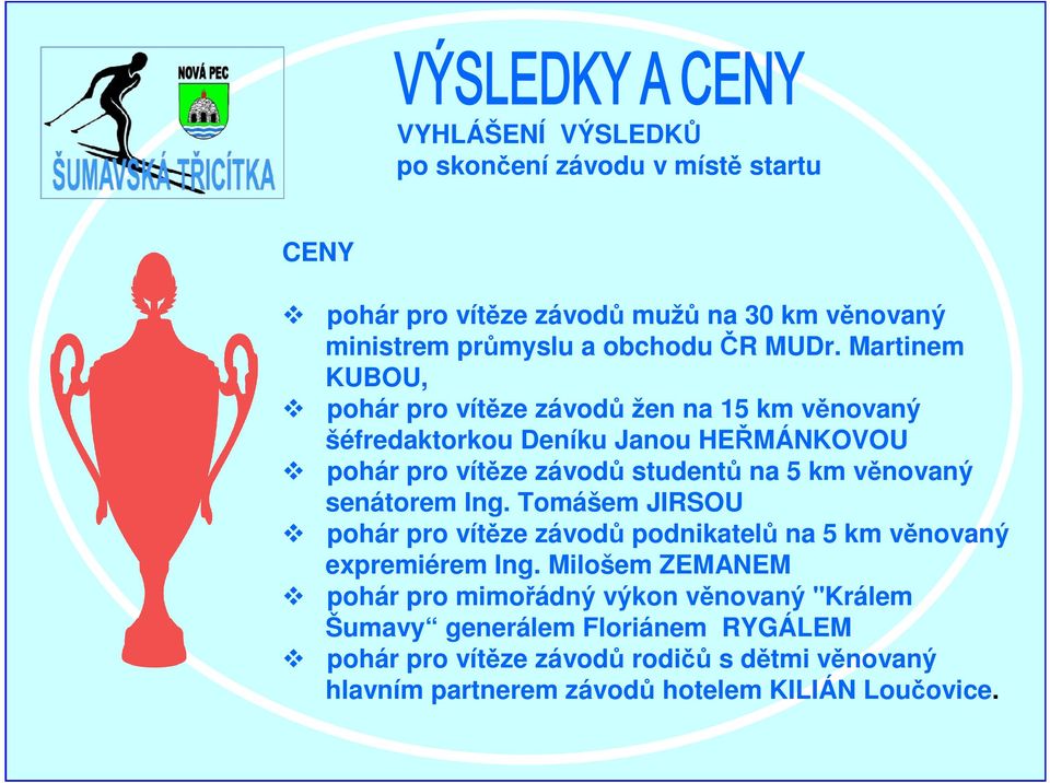 věnovaný senátorem Ing. Tomášem JIRSOU pohár pro vítěze závodů podnikatelů na 5 km věnovaný expremiérem Ing.