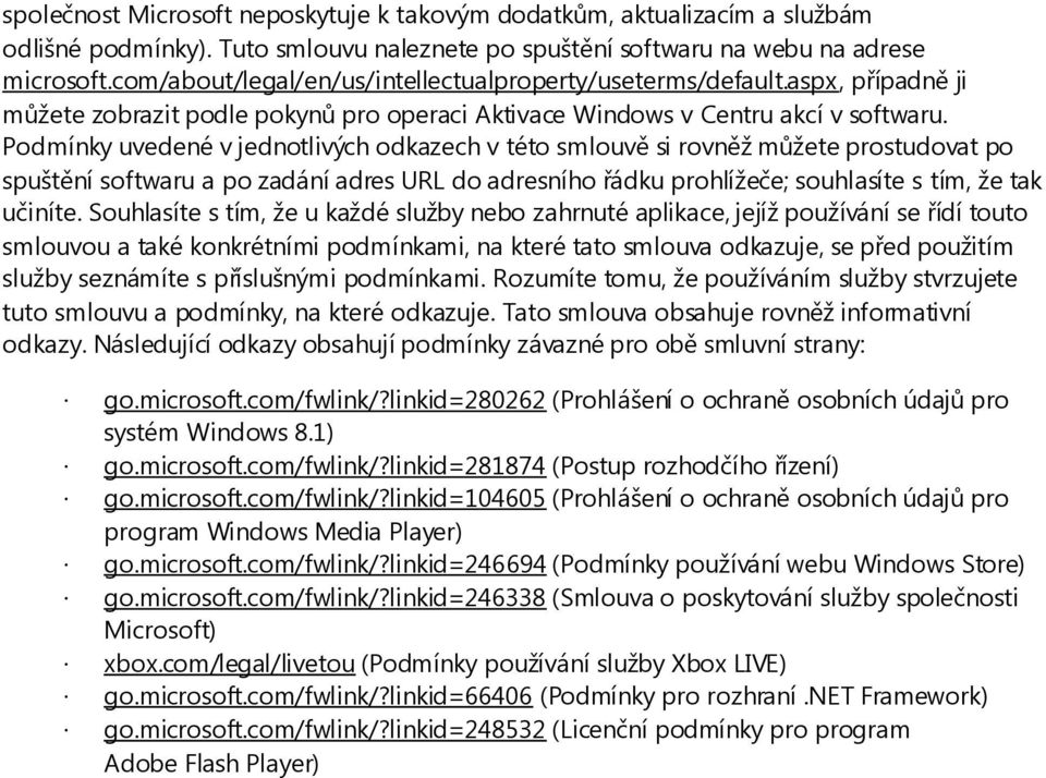 Podmínky uvedené v jednotlivých odkazech v této smlouvě si rovněž můžete prostudovat po spuštění softwaru a po zadání adres URL do adresního řádku prohlížeče; souhlasíte s tím, že tak učiníte.