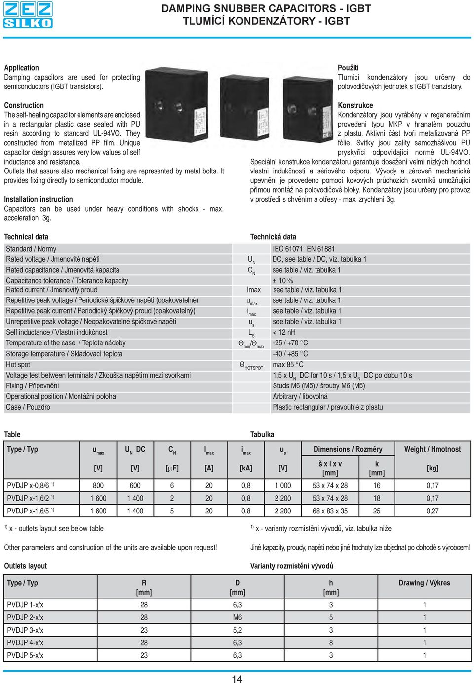 Unique capacitor design assures very low values of self inductance and resistance. Outlets that assure also mechanical fixing are represented by metal bolts.