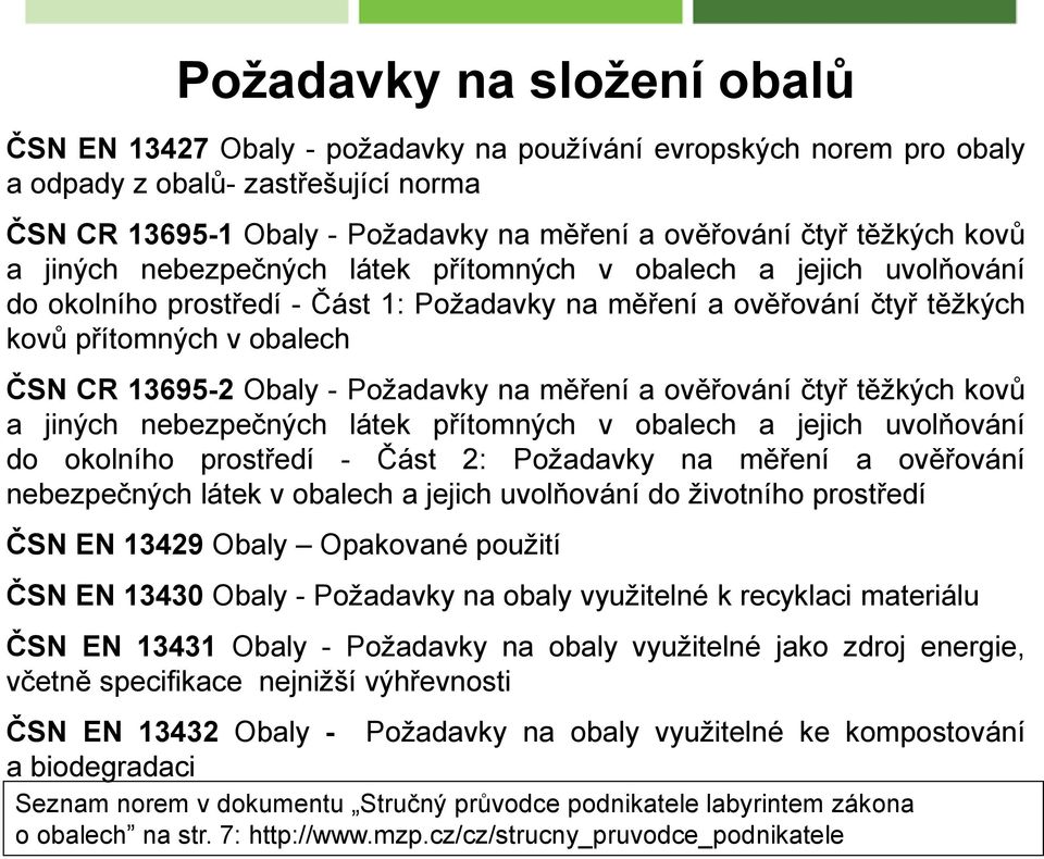 Obaly - Požadavky na měření a ověřování čtyř těžkých kovů a jiných nebezpečných látek přítomných v obalech a jejich uvolňování do okolního prostředí - Část 2: Požadavky na měření a ověřování