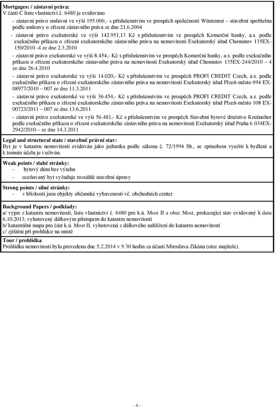 951,13 Kč s příslušenstvím ve prospěch Komerční banky, a.s. podle 150/2010-4 ze dne 2.3.2010 - zástavní právo exekutorské ve výši 8.454,- Kč s příslušenstvím ve prospěch Komerční banky, a.s. podle exekučního příkazu o zřízení exekutorského zástavního práva na nemovitosti Exekutorský úřad Chomutov 135EX-244/2010 4 ze dne 26.