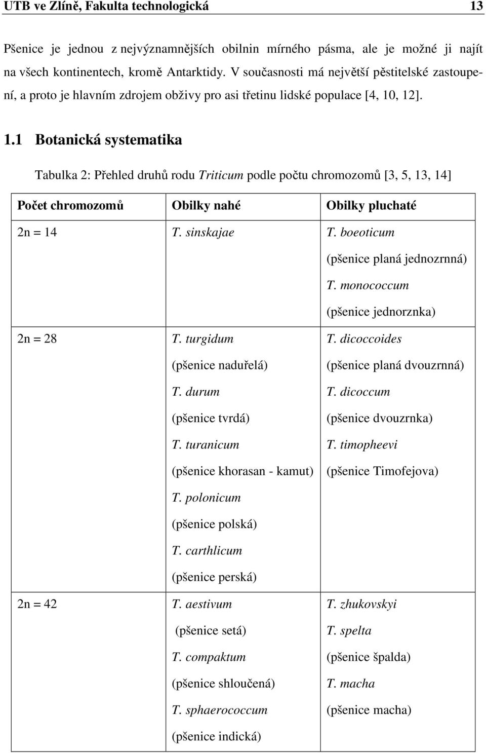 , 12]. 1.1 Botanická systematika Tabulka 2: Přehled druhů rodu Triticum podle počtu chromozomů [3, 5, 13, 14] Počet chromozomů Obilky nahé Obilky pluchaté 2n = 14 T. sinskajae T.