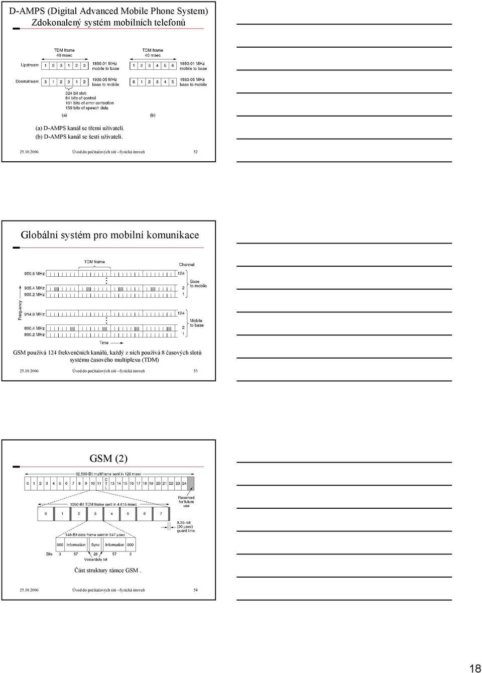 2006 Úvod do počítačových sítí - fyzická úroveň 52 Globální systém pro mobilní komunikace GSM používá 124 frekvenčních kanálů,