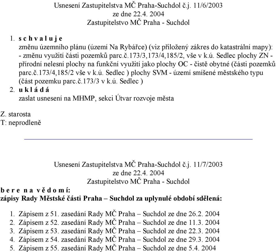 č.173/3 v k.ú. Sedlec ) u k l á d á zaslat usnesení na MHMP, sekci Útvar rozvoje města Z. starosta T: neprodleně Usnesení Zastupitelstva MČ Praha-Suchdol č.j. 11/7/2003 b e r e n a v ě d o m í: zápisy Rady Městské části Praha Suchdol za uplynulé období sdělená: 1.