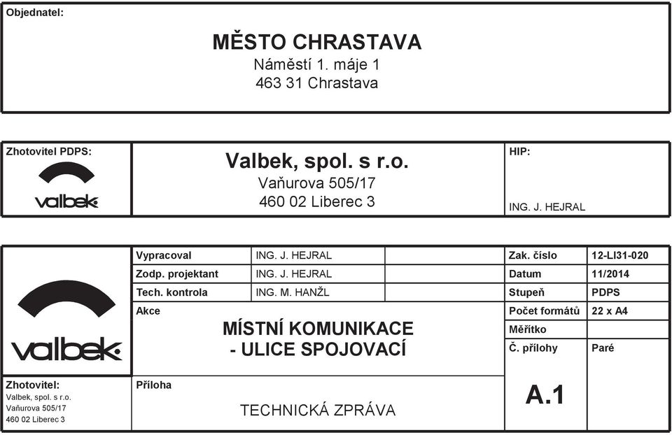 HANŽL MÍSTNÍ KOMUNIKACE - ULICE SPOJOVACÍ Zak. íslo Datum Stupe Poet formát Mítko.