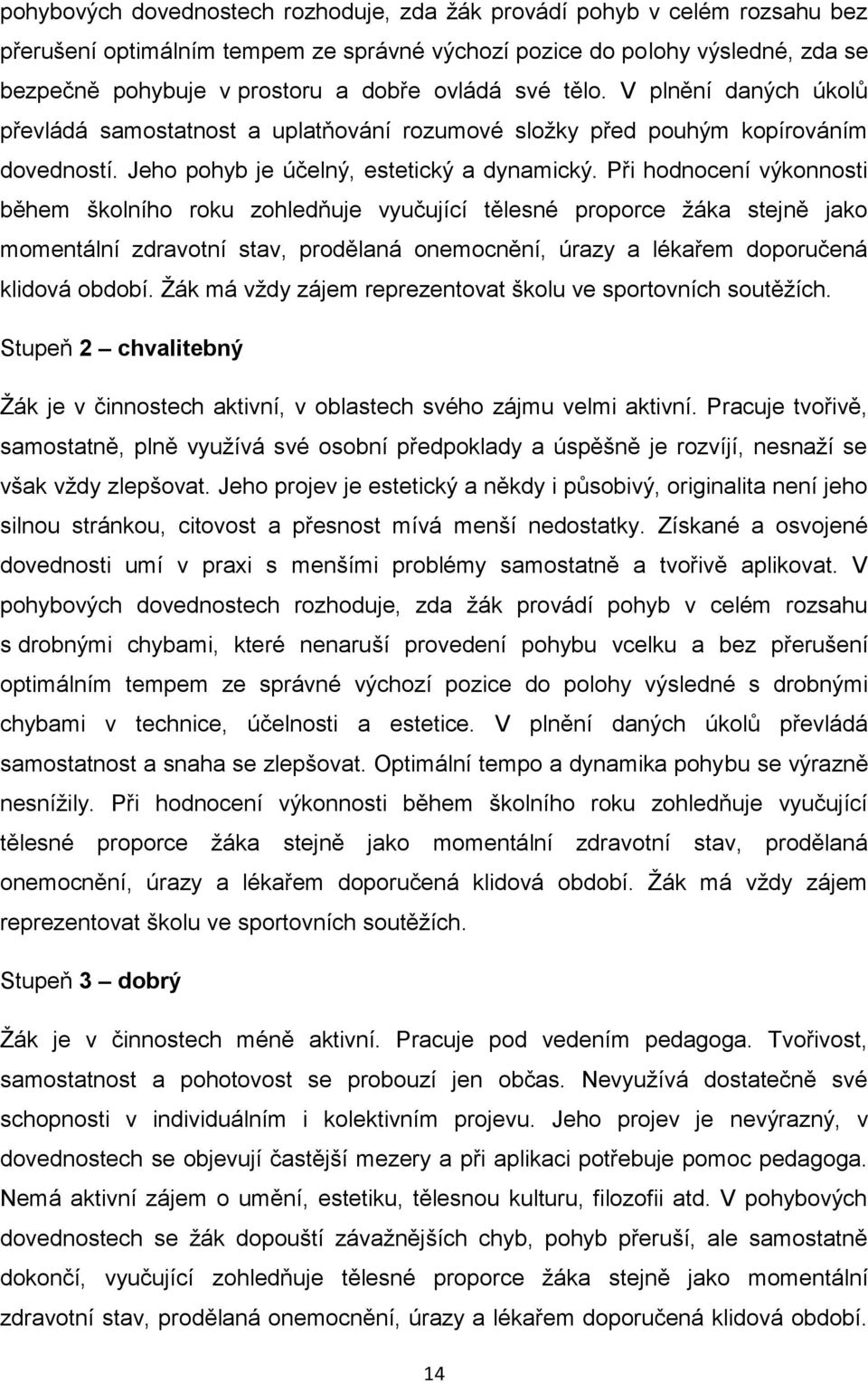 Při hodnocení výkonnosti během školního roku zohledňuje vyučující tělesné proporce žáka stejně jako momentální zdravotní stav, prodělaná onemocnění, úrazy a lékařem doporučená klidová období.