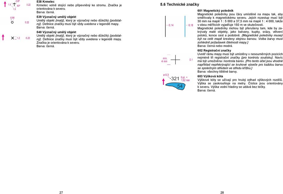 Značka je orientována k severu. 5.6 Technické značky 601 Magnetický poledník Magnetické poledníky jsou čáry umístěné na mapu tak, aby směřovaly k magnetickému severu.