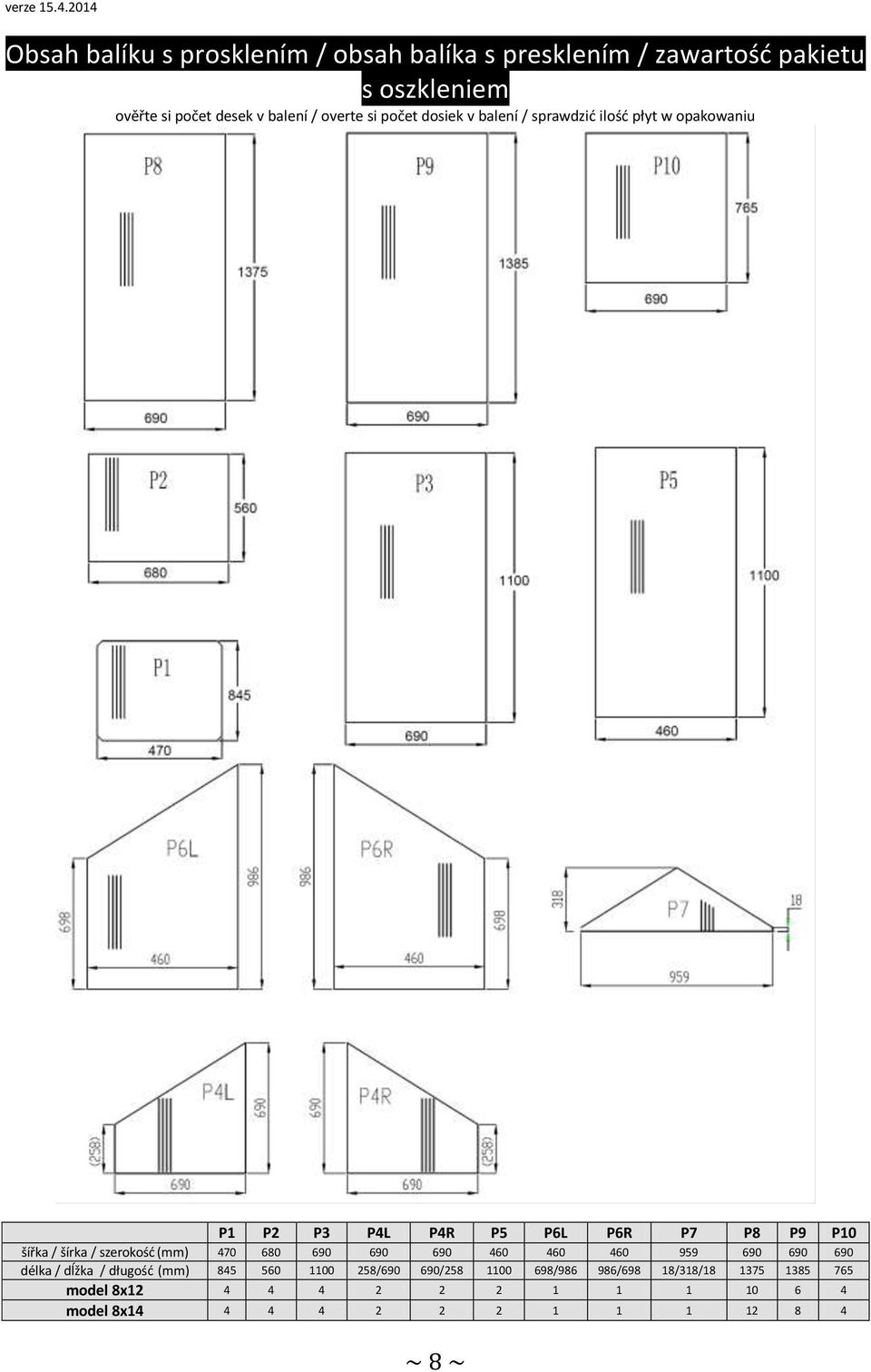 šírka / szerokość (mm) 470 680 690 690 690 460 460 460 959 690 690 690 délka / dĺžka / długość (mm) 845 560 1100 258/690