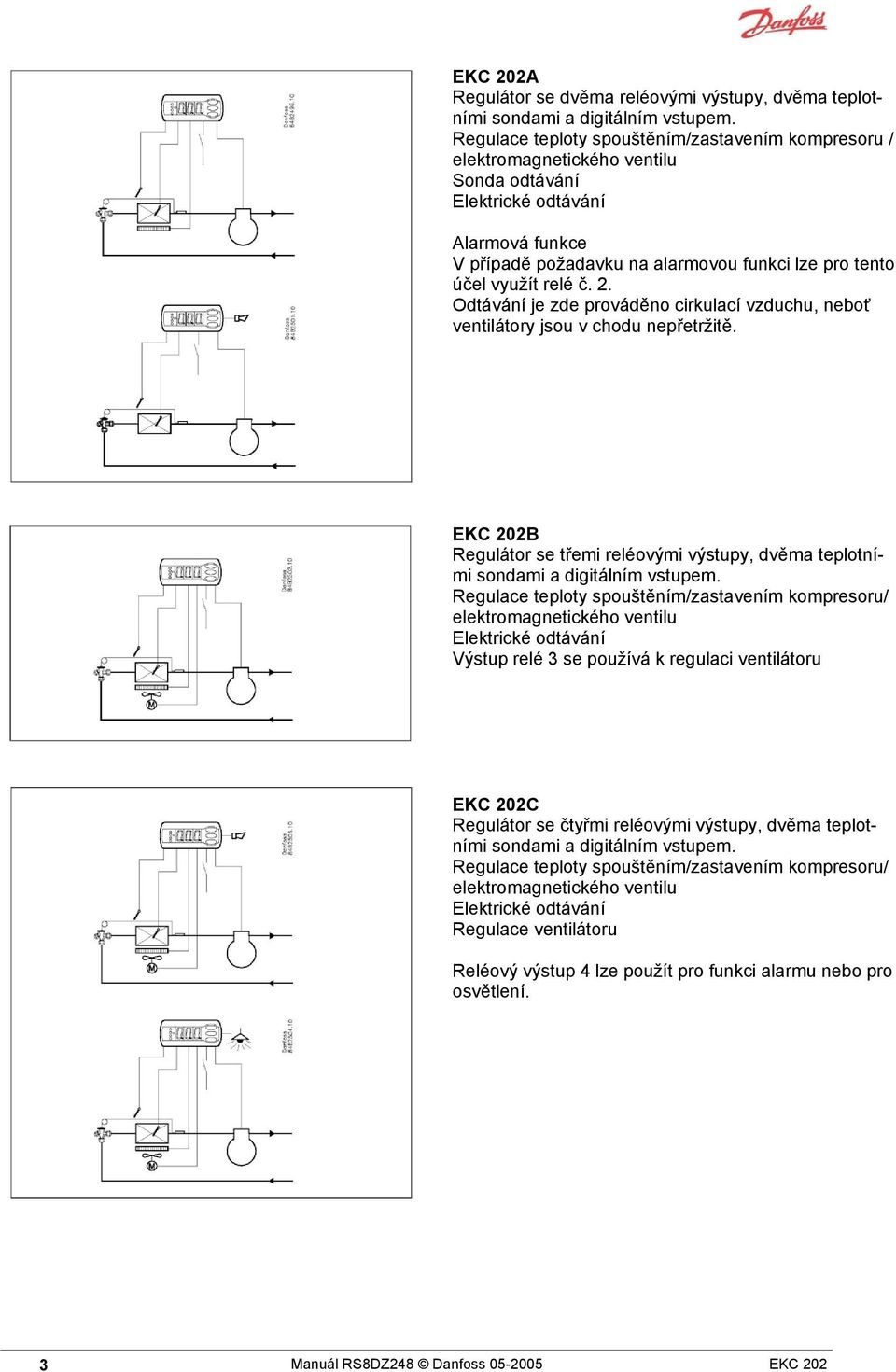 relé č. 2. Odtávání je zde prováděno cirkulací vzduchu, neboť ventilátory jsou v chodu nepřetržitě. EKC 202B Regulátor se třemi reléovými výstupy, dvěma teplotními sondami a digitálním vstupem.