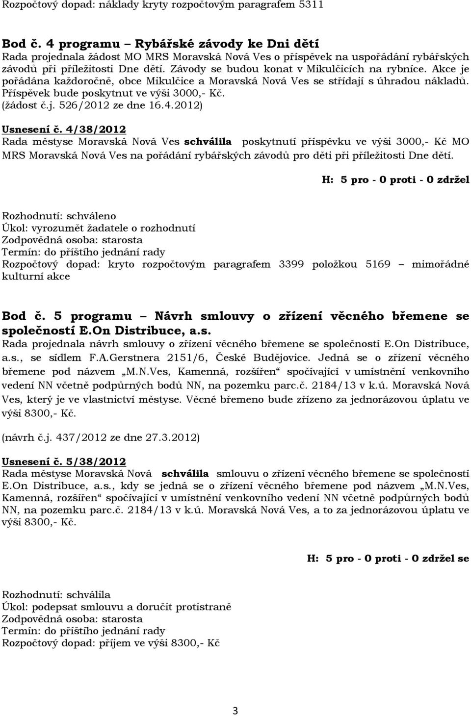 Závody se budou konat v Mikulčicích na rybníce. Akce je pořádána každoročně, obce Mikulčice a Moravská Nová Ves se střídají s úhradou nákladů. Příspěvek bude poskytnut ve výši 3000,- Kč. (žádost č.j. 526/2012 ze dne 16.