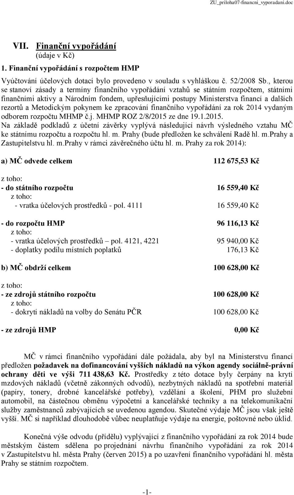 Metodickým pokynem ke zpracování finančního vypořádání za rok 2014 vydaným odborem MHMP č.j. MHMP ROZ 2/8/2015 