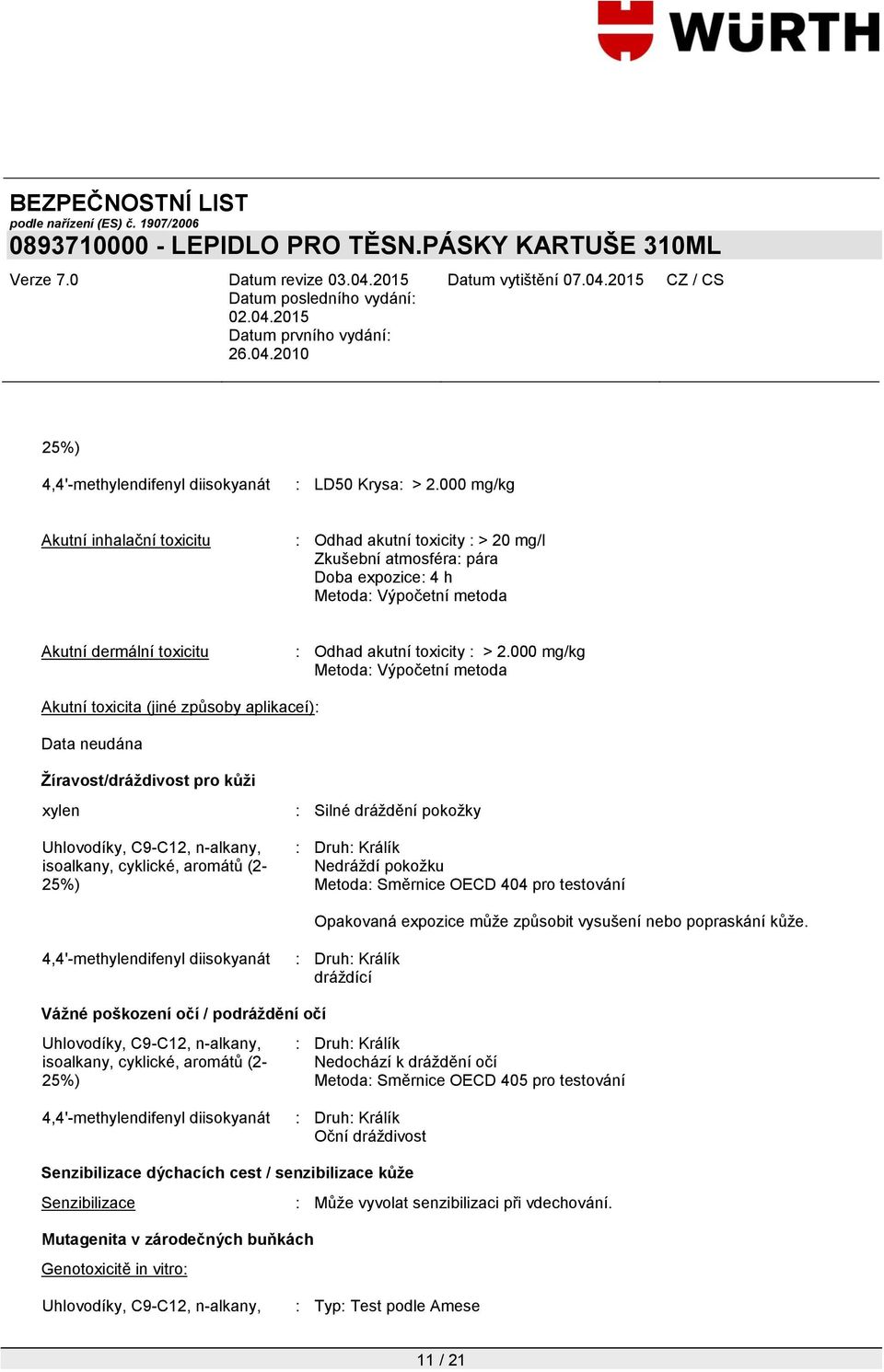 000 mg/kg Metoda: Výpočetní metoda Akutní toxicita (jiné způsoby aplikaceí): Ţíravost/dráţdivost pro kůţi xylen : Silné dráţdění pokoţky : Druh: Králík Nedráţdí pokoţku Metoda: Směrnice OECD 404 pro