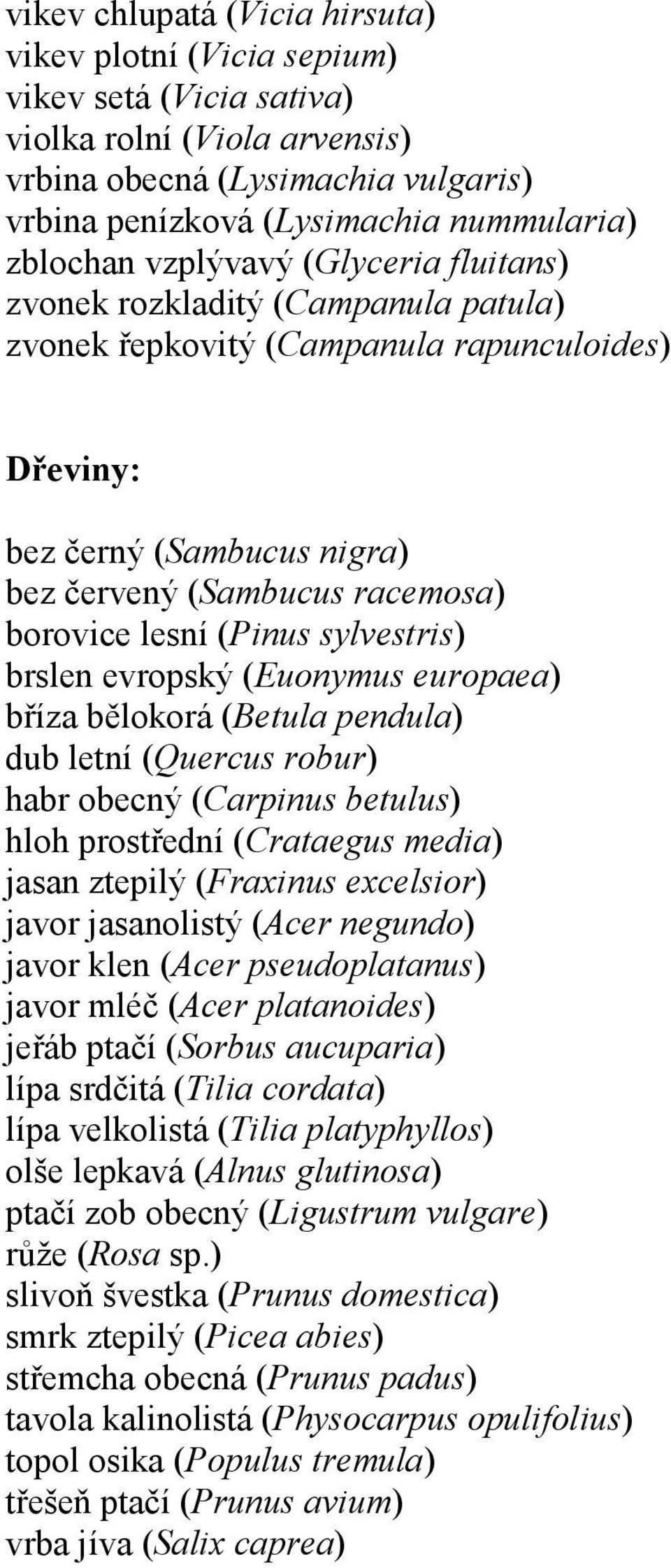 lesní (Pinus sylvestris) brslen evropský (Euonymus europaea) bříza bělokorá (Betula pendula) dub letní (Quercus robur) habr obecný (Carpinus betulus) hloh prostřední (Crataegus media) jasan ztepilý