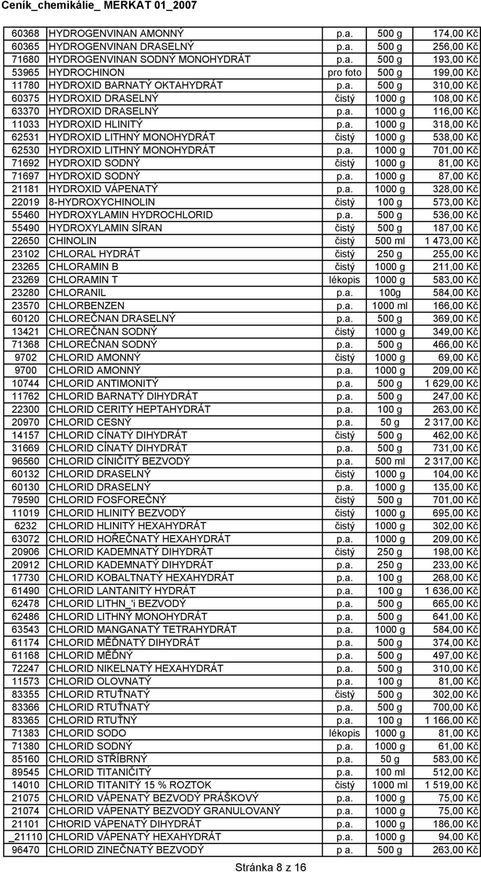 a. 1000 g 701,00 Kč 71692 HYDROXID SODNÝ čistý 1000 g 81,00 Kč 71697 HYDROXID SODNÝ p.a. 1000 g 87,00 Kč 21181 HYDROXID VÁPENATÝ p.a. 1000 g 328,00 Kč 22019 8-HYDROXYCHINOLIN čistý 100 g 573,00 Kč 55460 HYDROXYLAMIN HYDROCHLORID p.