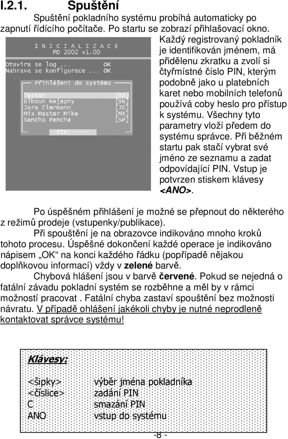 přístup k systému. Všechny tyto parametry vloží předem do systému správce. Při běžném startu pak stačí vybrat své jméno ze seznamu a zadat odpovídající PIN. Vstup je potvrzen stiskem klávesy <ANO>.