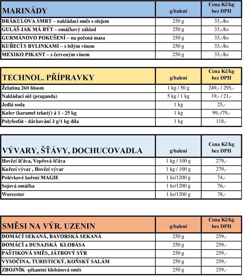 PŘÍPRAVKY Želatina 260 bloom 1 kg / 50 g 249,- / 295,- Nakládací sůl (praganda) 5 kg / 1 kg 19,- / 21,- Jedlá soda 1 kg 25,- Kuler (karamel tekutý) á 1-25 kg 1 kg 99,-/79,- Polyfosfát - dávkování 3