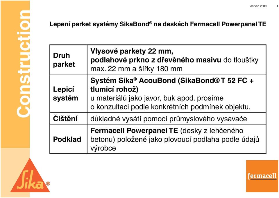 22 mm a šířky 180 mm Systém Sika AcouBond (SikaBond T 52 FC + tlumicí rohož) u materiálů jako javor, buk