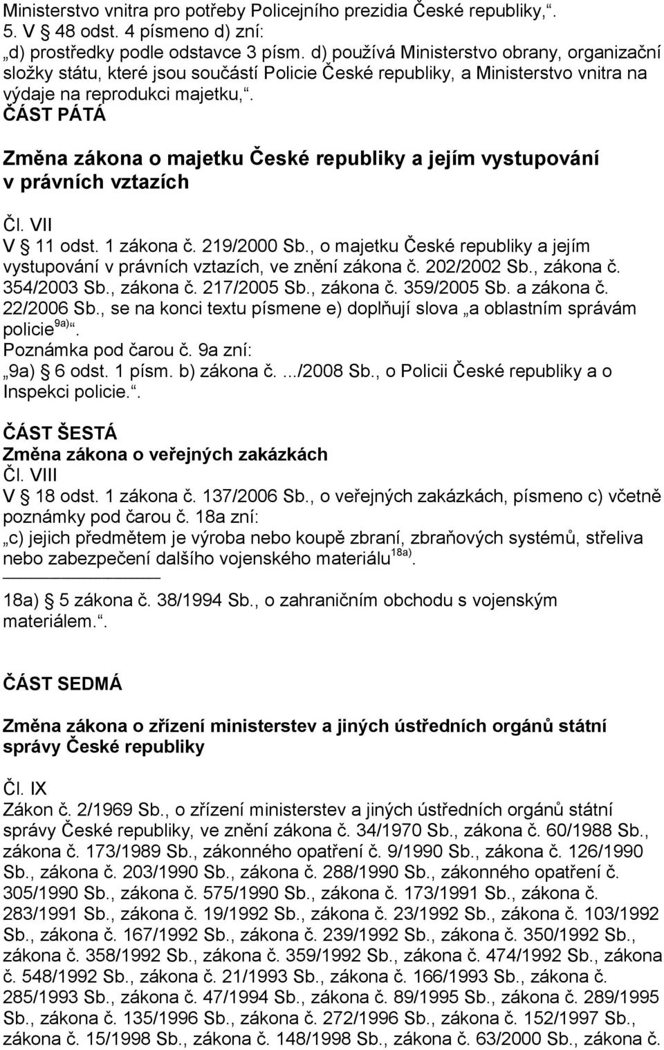 ČÁST PÁTÁ Změna zákona o majetku České republiky a jejím vystupování v právních vztazích Čl. VII V 11 odst. 1 zákona č. 219/2000 Sb.