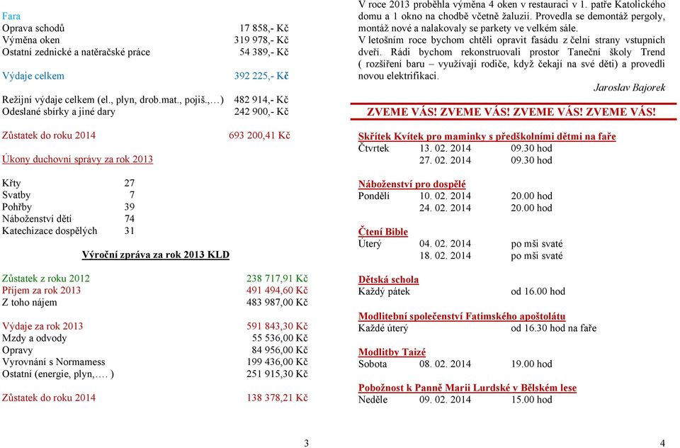 Výroční zpráva za rok 2013 KLD Zůstatek z roku 2012 238 717,91 Kč Příjem za rok 2013 491 494,60 Kč Z toho nájem 483 987,00 Kč Výdaje za rok 2013 591 843,30 Kč Mzdy a odvody 55 536,00 Kč Opravy 84