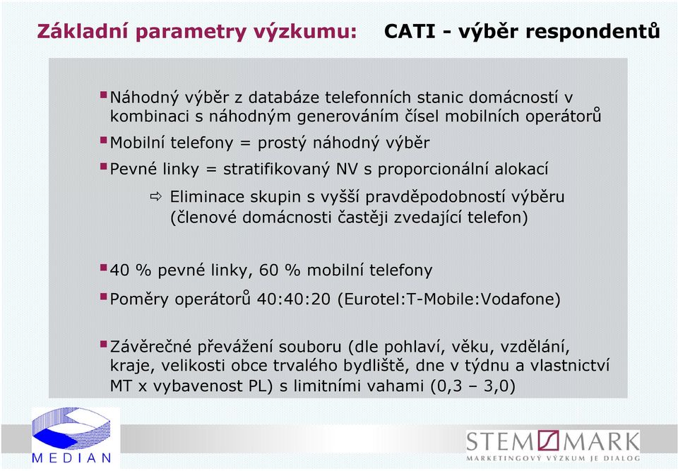 pravděpodobností výběru (členové domácnosti častěji zvedající telefon) 40 % pevné linky, 60 % mobilní telefony Poměry operátorů 40:40:20