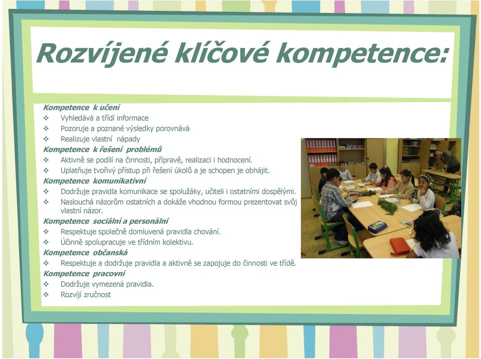 Kompetence komunikativní Dodržuje pravidla komunikace se spolužáky, učiteli i ostatními dospělými. Naslouchá názorům ostatních a dokáže vhodnou formou prezentovat svůj vlastní názor.