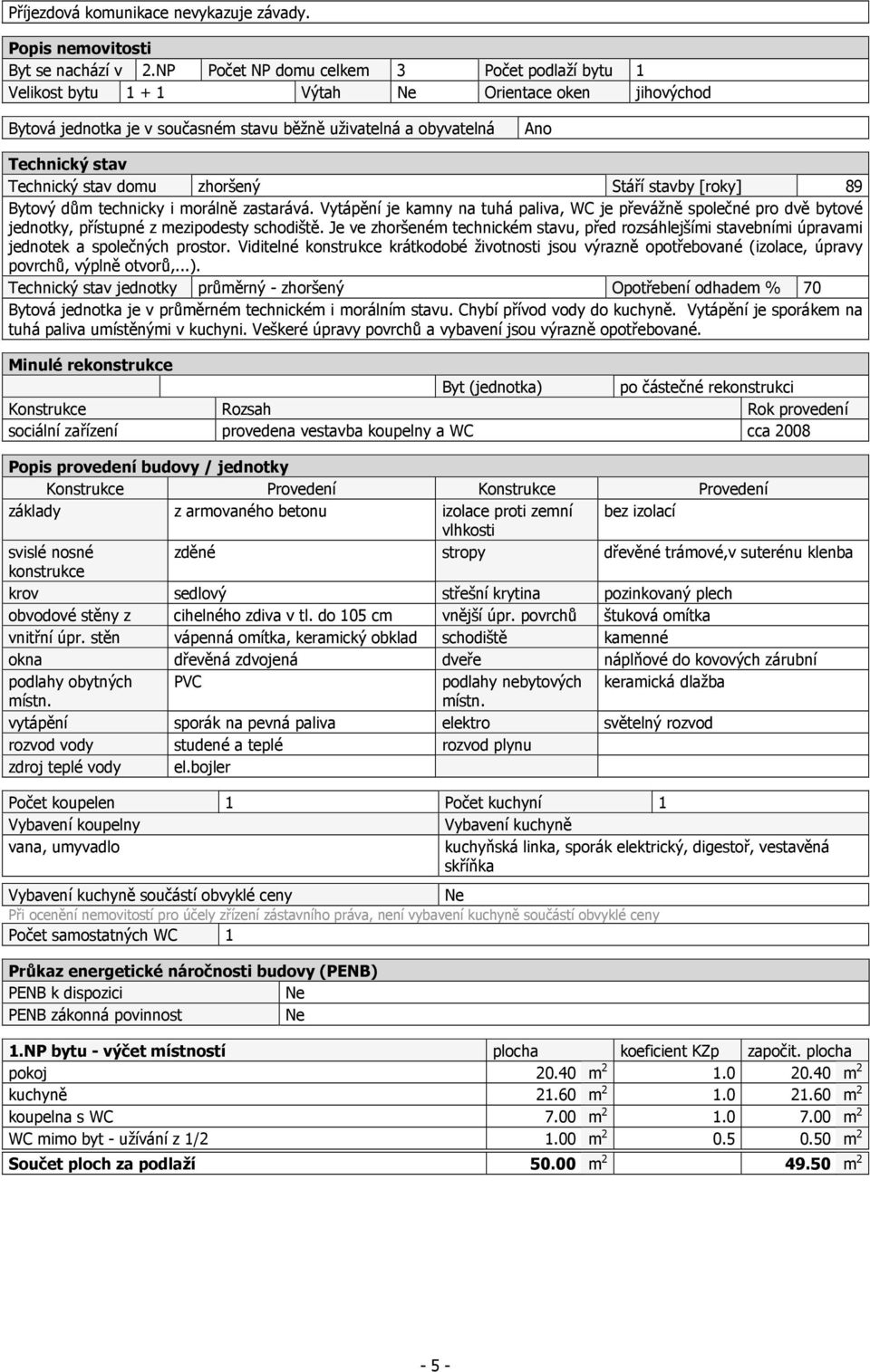 stav domu zhoršený Stáří stavby [roky] 89 Bytový dům technicky i morálně zastarává.