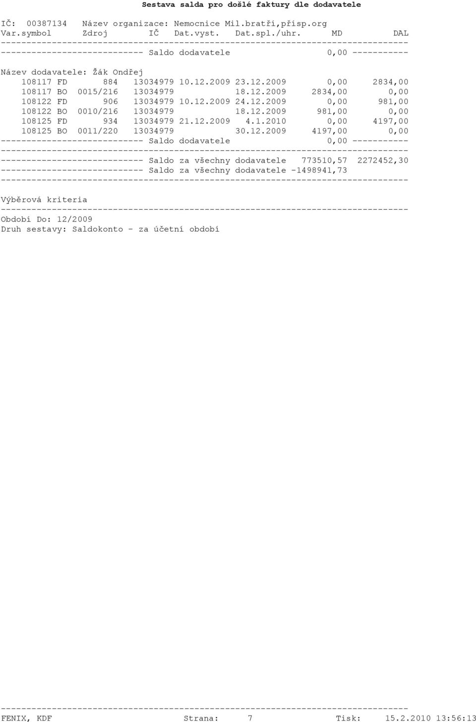 12.2009 4197,00 0,00 ---------------------------- Saldo za všechny dodavatele 773510,57 2272452,30 ---------------------------- Saldo za všechny dodavatele
