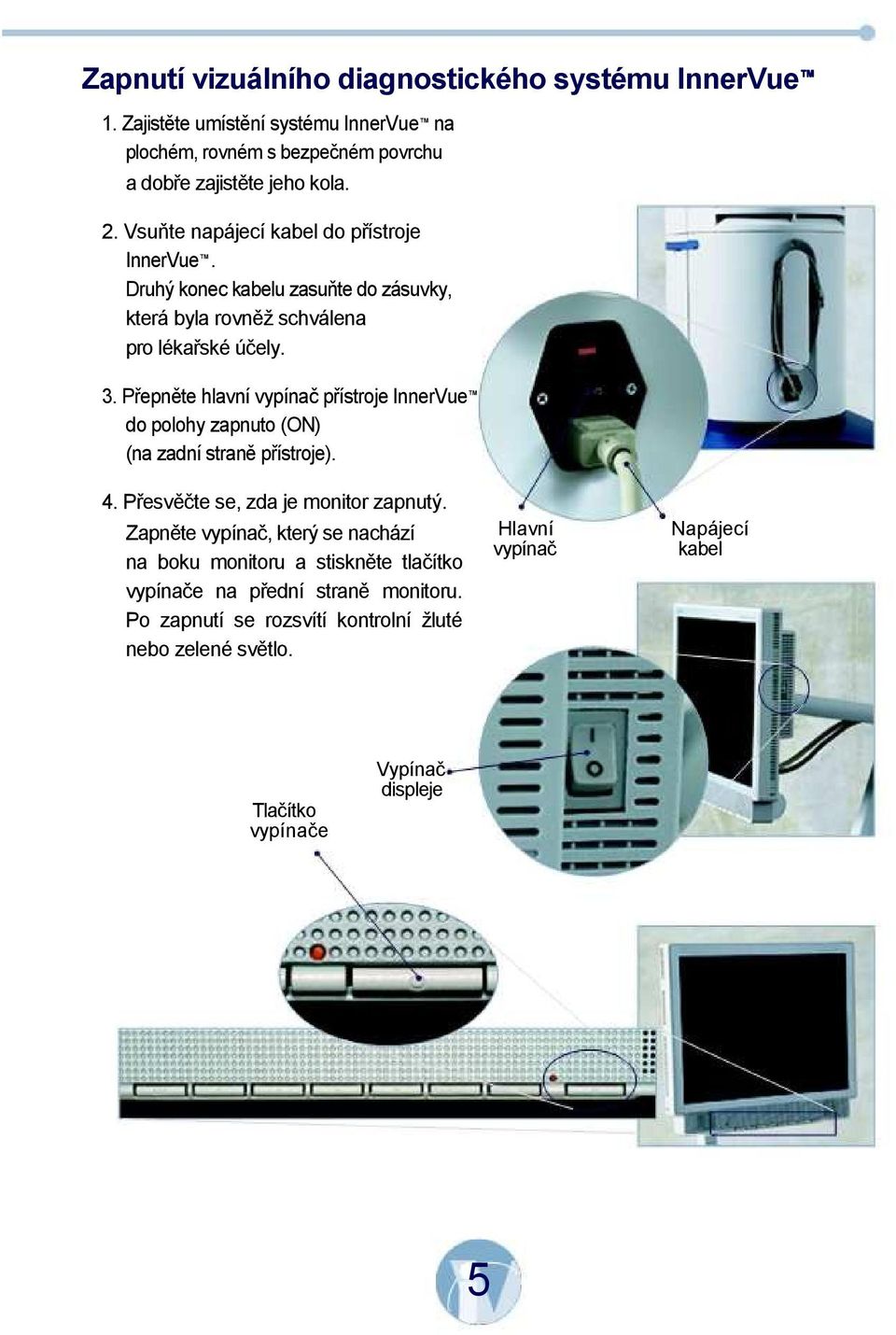 Přepněte hlavní vypínač přístroje InnerVue do polohy zapnuto (ON) (na zadní straně přístroje). 4. Přesvěčte se, zda je monitor zapnutý.