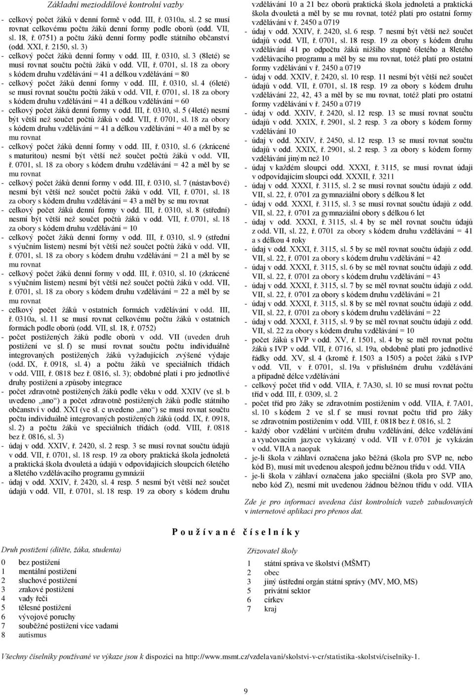 0701, sl. 18 za obory s kódem druhu vzdělávání = 41 a délkou vzdělávání = 80 - celkový počet žáků denní formy v odd. III, ř. 0310, sl. 4 (6leté) se musí rovnat součtu počtů žáků v odd. VII, ř.