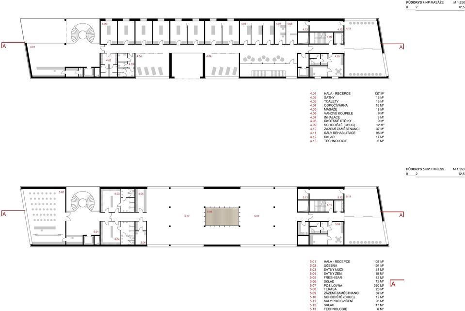 13 TECHNOLOGIE 6 M² PŮDORYS 5.NP FITNESS M 1:250 0 2 12,5 5.02 5.03 5.05 5.13 5.12 5.11 5.10 5.08 5.07 5.07 5.09 5.01 5.04 5.06 5.NP 5.01 HL - RECEPCE 137 M² 5.02 UČEBN 101 M² 5.