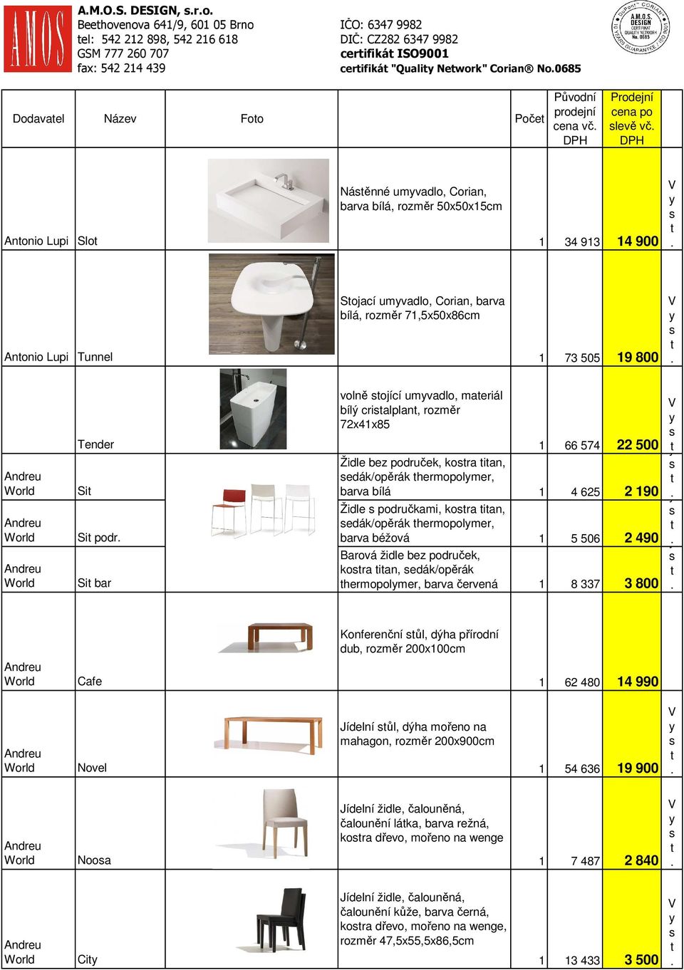 Corian, barva bílá, rozměr 7,5x50x86cm 73 505 9 800 Tender Si Si podr Si bar volně ojící umvadlo, maeriál bílý crialplan, rozměr 72x4x85 66 574 22 500 Židle bez područek, kora ian, edák/opěrák