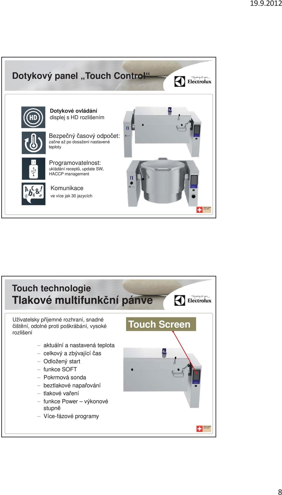 pánve Uživatelsky p íjemné rozhraní, snadné išt ní, odolné proti poškrábání, vysoké rozlišení Touch Screen aktuální a nastavená teplota
