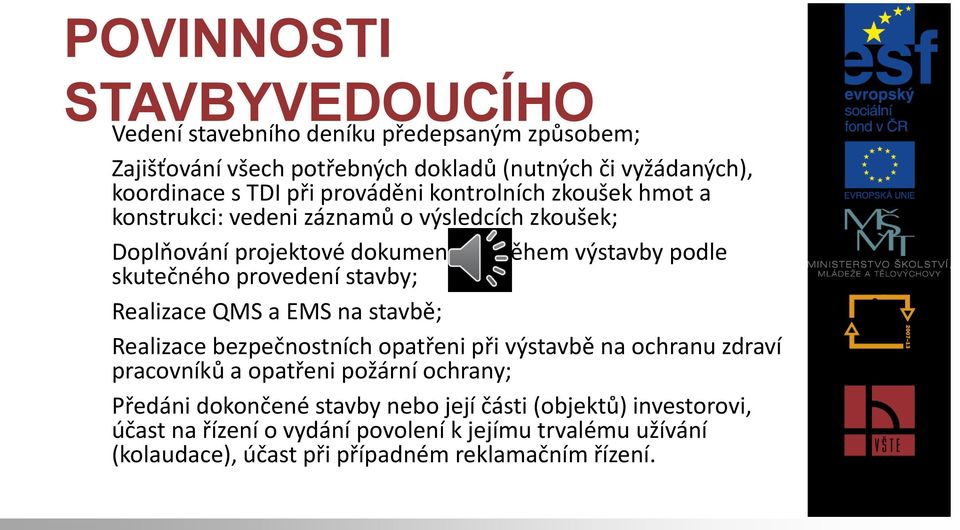 provedení stavby; d) Realizace QMS a EMS na stavbě; e) Realizace bezpečnostních opatřeni při výstavbě na ochranu zdraví pracovníků a opatřeni požární ochrany; f)