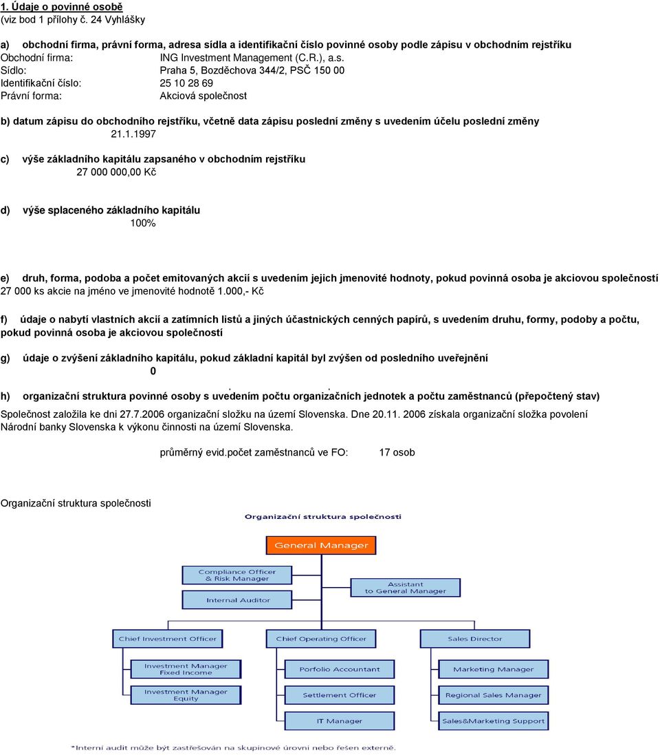 sídla a identifikační číslo povinné osoby podle zápisu v obchodním rejstříku Obchodní firma: ING Investment Management (C.R.), a.s. Sídlo: Praha 5, Bozděchova 344/2, PSČ 150 00 Identifikační číslo: