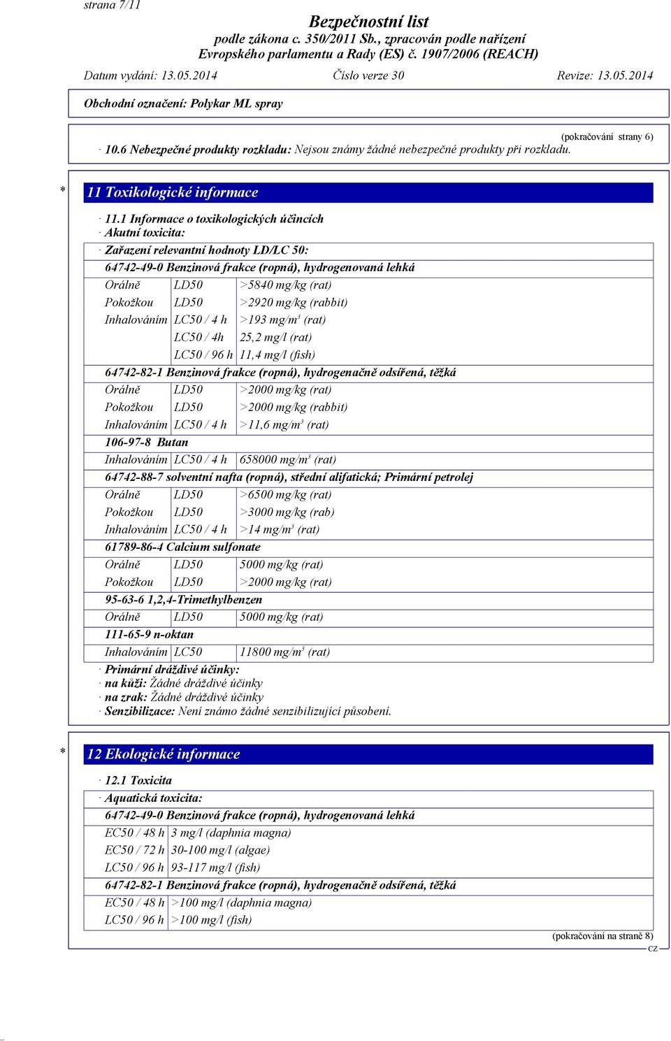 >2920 mg/kg (rabbit) Inhalováním LC50 / 4 h >193 mg/m 3 (rat) LC50 / 4h 25,2 mg/l (rat) LC50 / 96 h 11,4 mg/l (fish) 64742-82-1 Benzinová frakce (ropná), hydrogenačně odsířená, těžká Orálně LD50