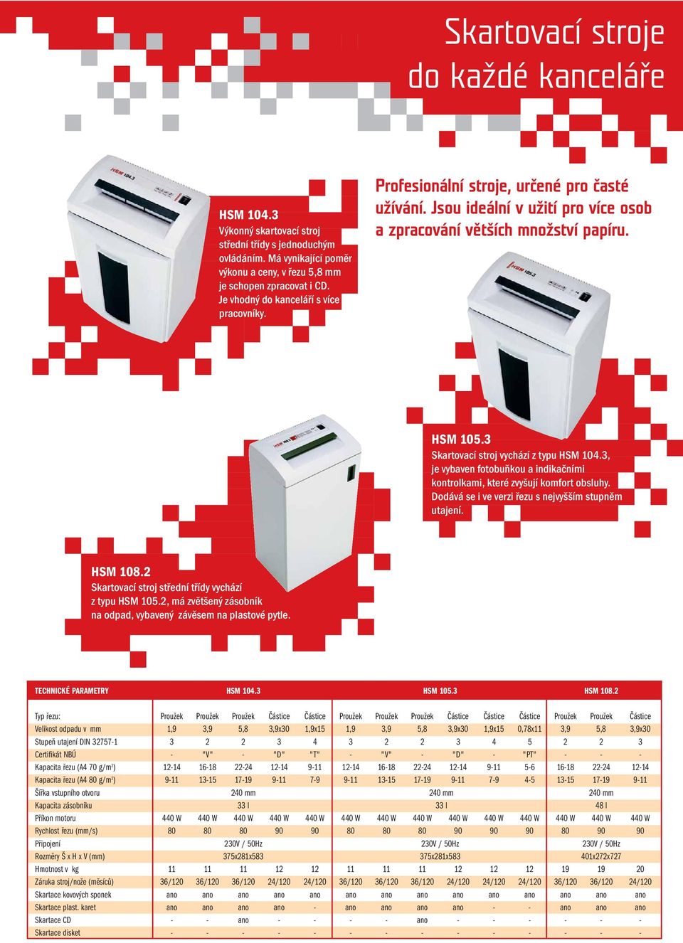 3 Skartovací stroj vychází z typu HSM 104.3, je vybaven fotobuňkou a indikačními kontrolkami, které zvyšují komfort obsluhy. Dodává se i ve verzi řezu s nejvyšším stupněm utajení. HSM 108.
