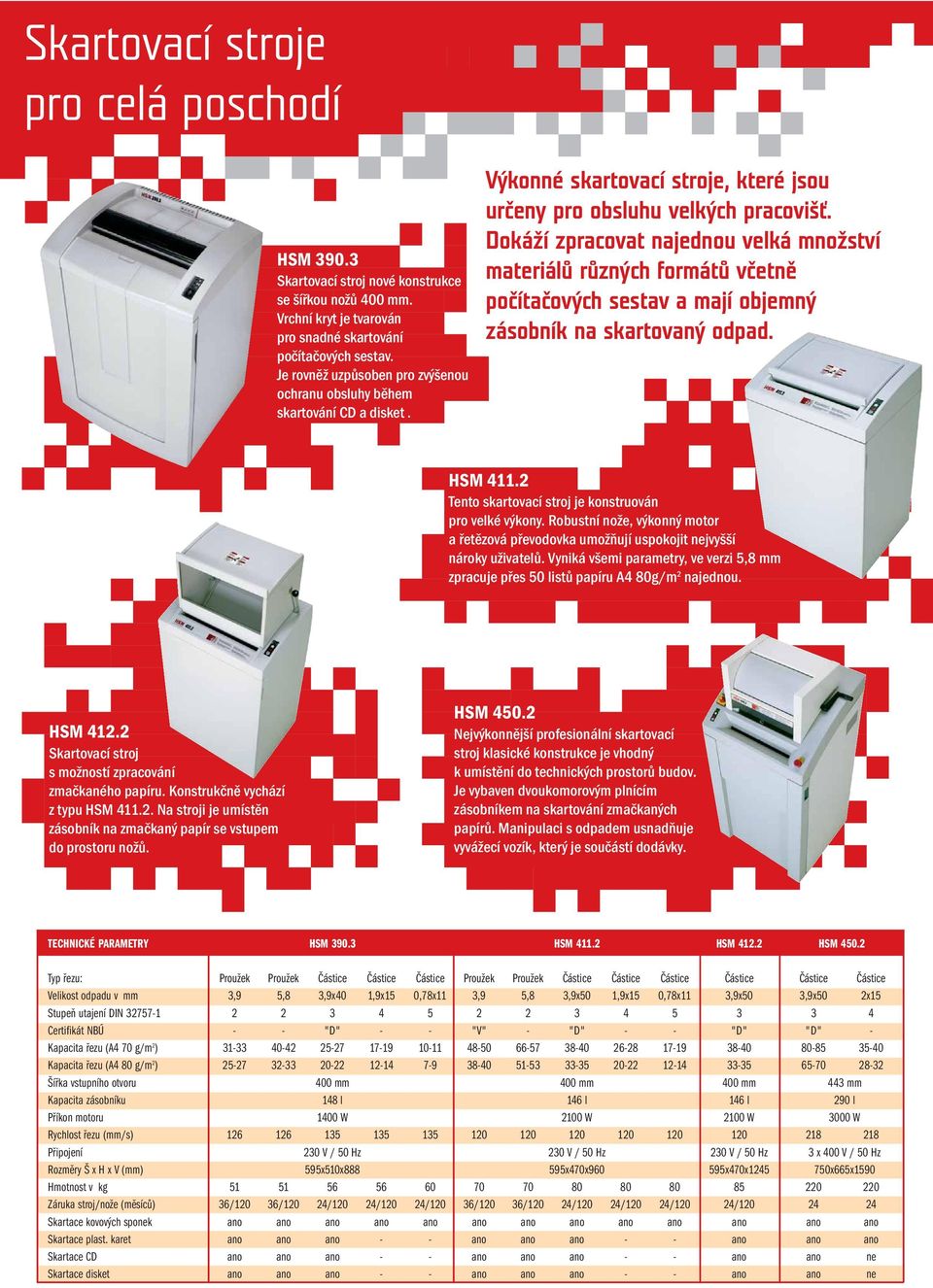 Dokáží zpracovat najednou velká množství materiálů různých formátů včetně počítačových sestav a mají objemný zásobník na skartovaný odpad. HSM 411.