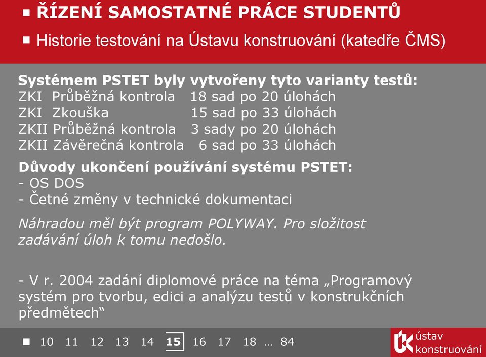 ukončení používání systému PSTET: - OS DOS - Četné změny v technické dokumentaci Náhradou měl být program POLYWAY.