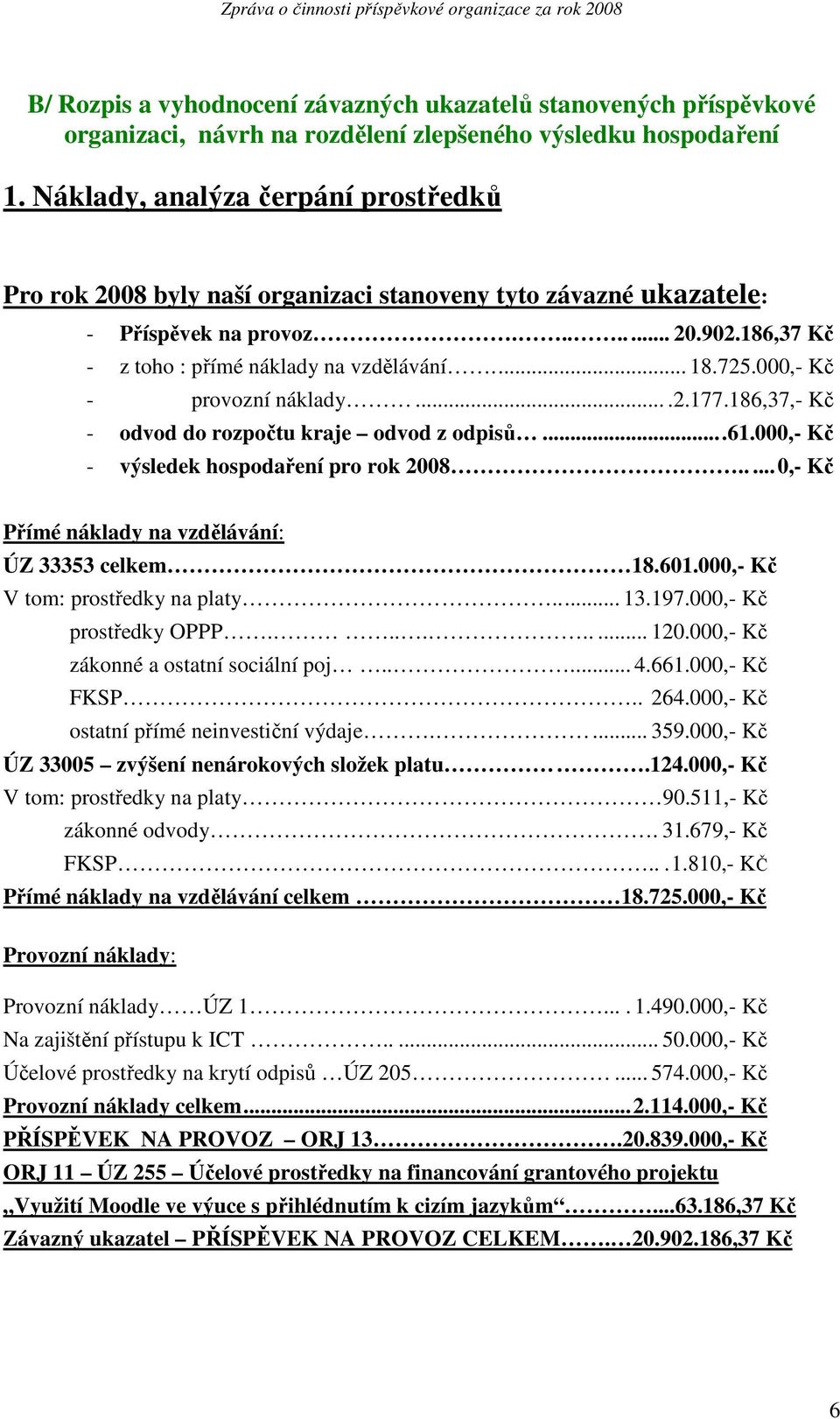 000,- Kč - provozní náklady....2.177.186,37,- Kč - odvod do rozpočtu kraje odvod z odpisů...61.000,- Kč - výsledek hospodaření pro rok 2008.....0,- Kč Přímé náklady na vzdělávání: ÚZ 33353 celkem 18.