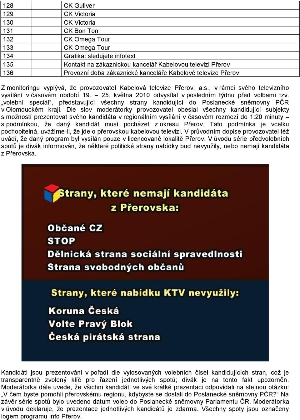 května 2010 odvysílal v posledním týdnu před volbami tzv. volební speciál, představující všechny strany kandidující do Poslanecké sněmovny PČR v Olomouckém kraji.