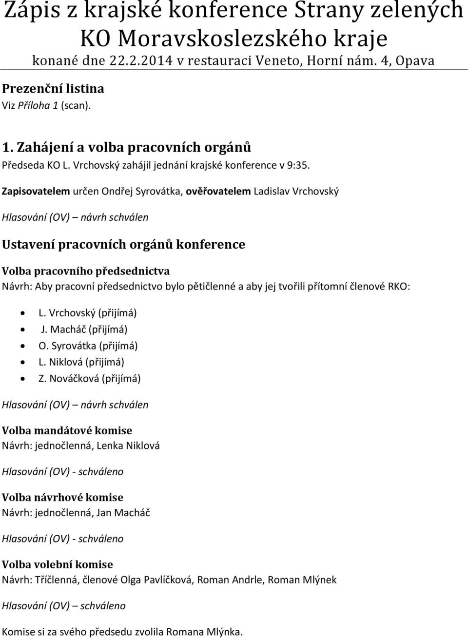 Zapisovatelem určen Ondřej Syrovátka, ověřovatelem Ladislav Vrchovský Hlasování (OV) návrh schválen Ustavení pracovních orgánů konference Volba pracovního předsednictva Návrh: Aby pracovní