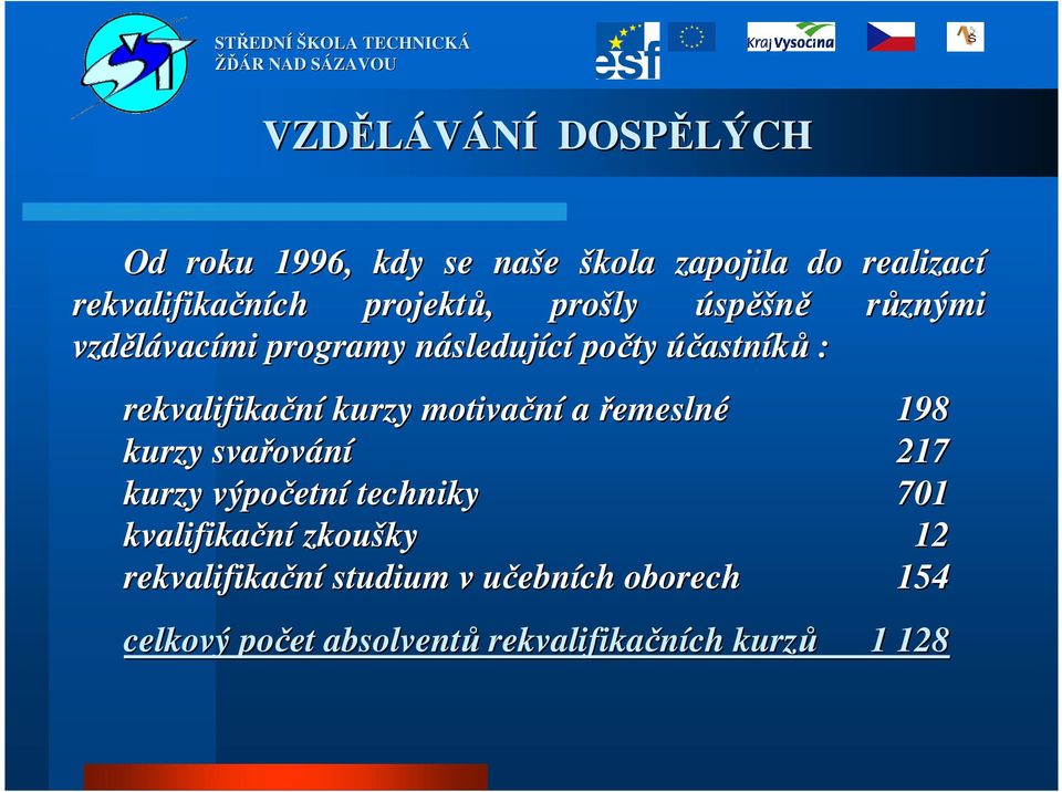 kurzy motivační a řemeslné 198 kurzy svařov ování 217 kurzy výpočetn etní techniky 701 kvalifikační