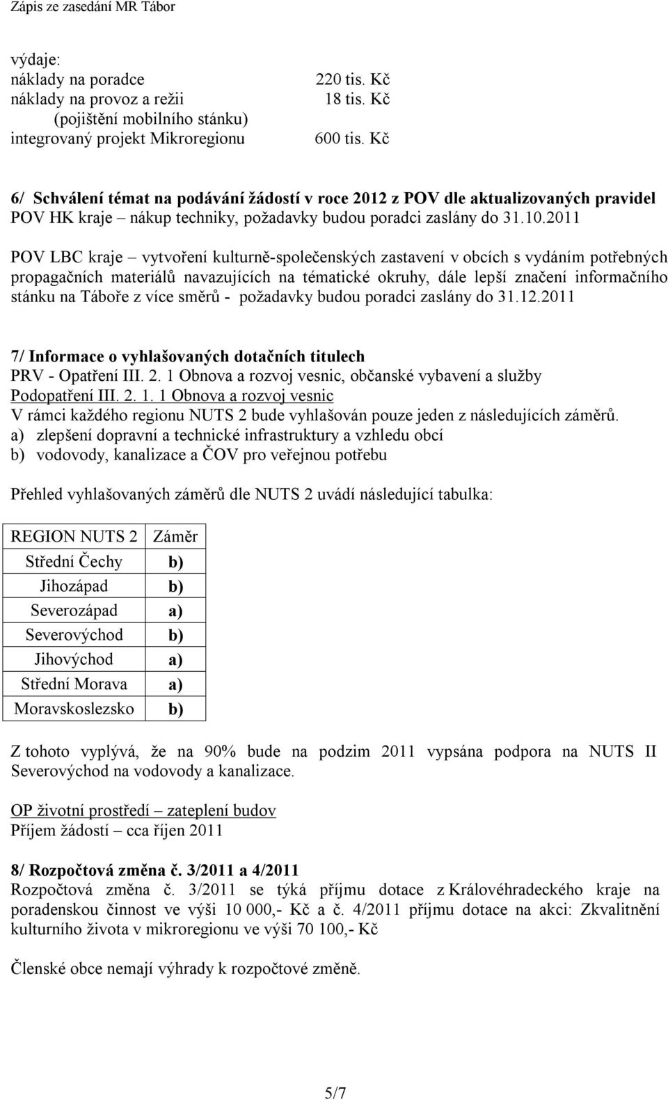 2011 POV LBC kraje vytvoření kulturně-společenských zastavení v obcích s vydáním potřebných propagačních materiálů navazujících na tématické okruhy, dále lepší značení informačního stánku na Táboře z